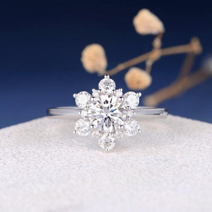 1.00CT Round Cut White Gold Halo Flower Snowflake Cluster Moissanite Engagement Ring - JBR Jeweler