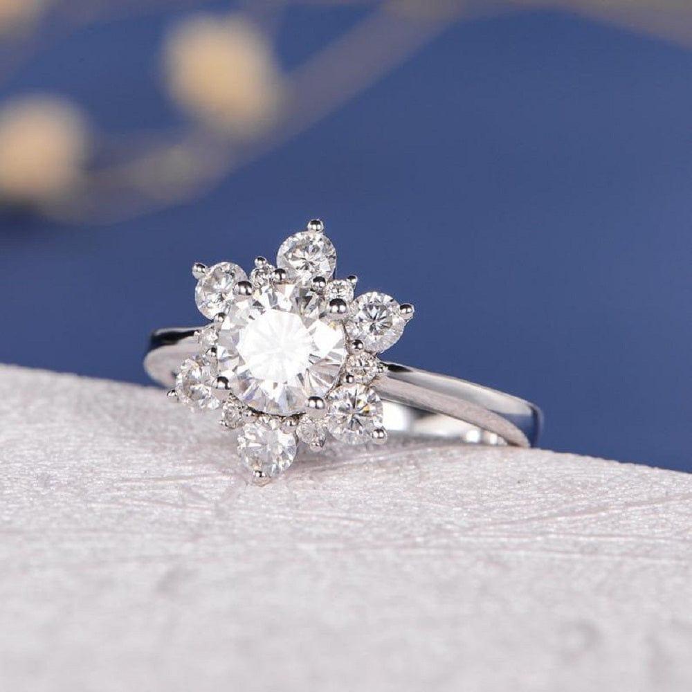 1.00CT Round Cut White Gold Halo Flower Snowflake Cluster Moissanite Engagement Ring - JBR Jeweler