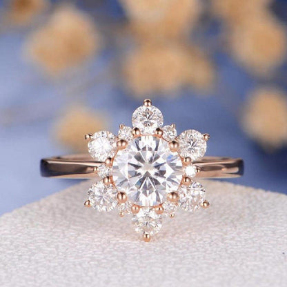 1.00CT Round Cut White Gold Halo Flower Snowflake Cluster Moissanite Engagement Ring - JBR Jeweler