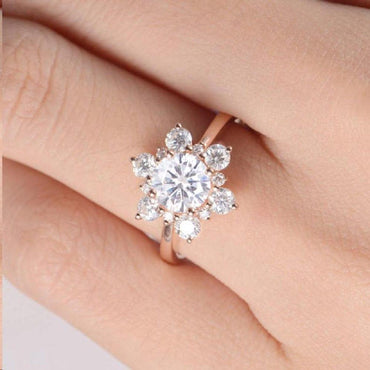 1.00CT Round Cut White Gold Halo Flower Snowflake Cluster Moissanite Engagement Ring - JBR Jeweler