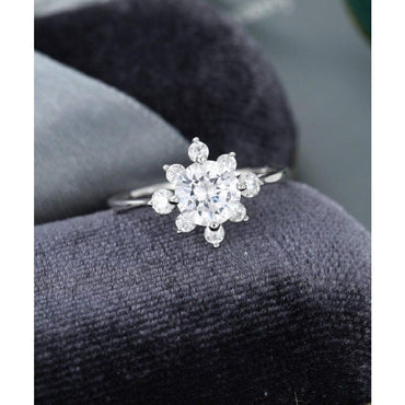 1.00CT Round Cut White Gold Unique Flower Halo Style Moissanite Engagement Ring - JBR Jeweler