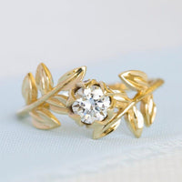 1.00CT Round Cut Yellow Gold Leaf Flower Wedding Leaves Twig Moissanite Engagement Ring - JBR Jeweler