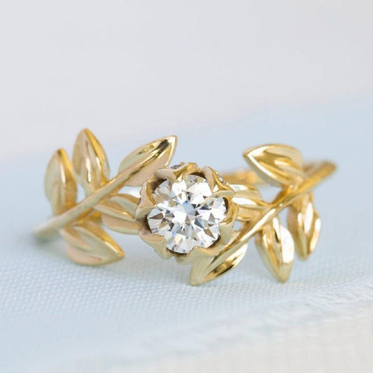 1.00CT Round Cut Yellow Gold Leaf Flower Wedding Leaves Twig Moissanite Engagement Ring - JBR Jeweler