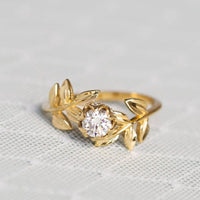 1.00CT Round Cut Yellow Gold Leaf Flower Wedding Leaves Twig Moissanite Engagement Ring - JBR Jeweler