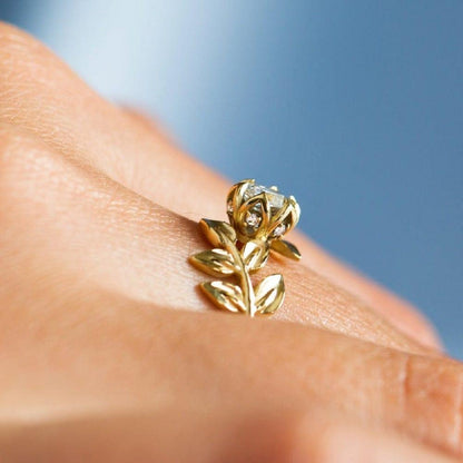 1.00CT Round Cut Yellow Gold Leaf Flower Wedding Leaves Twig Moissanite Engagement Ring - JBR Jeweler