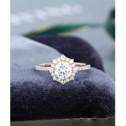 1.00CT Round Cut Yellow Gold Unique Halo Anniversary Moissanite Engagement Ring - JBR Jeweler