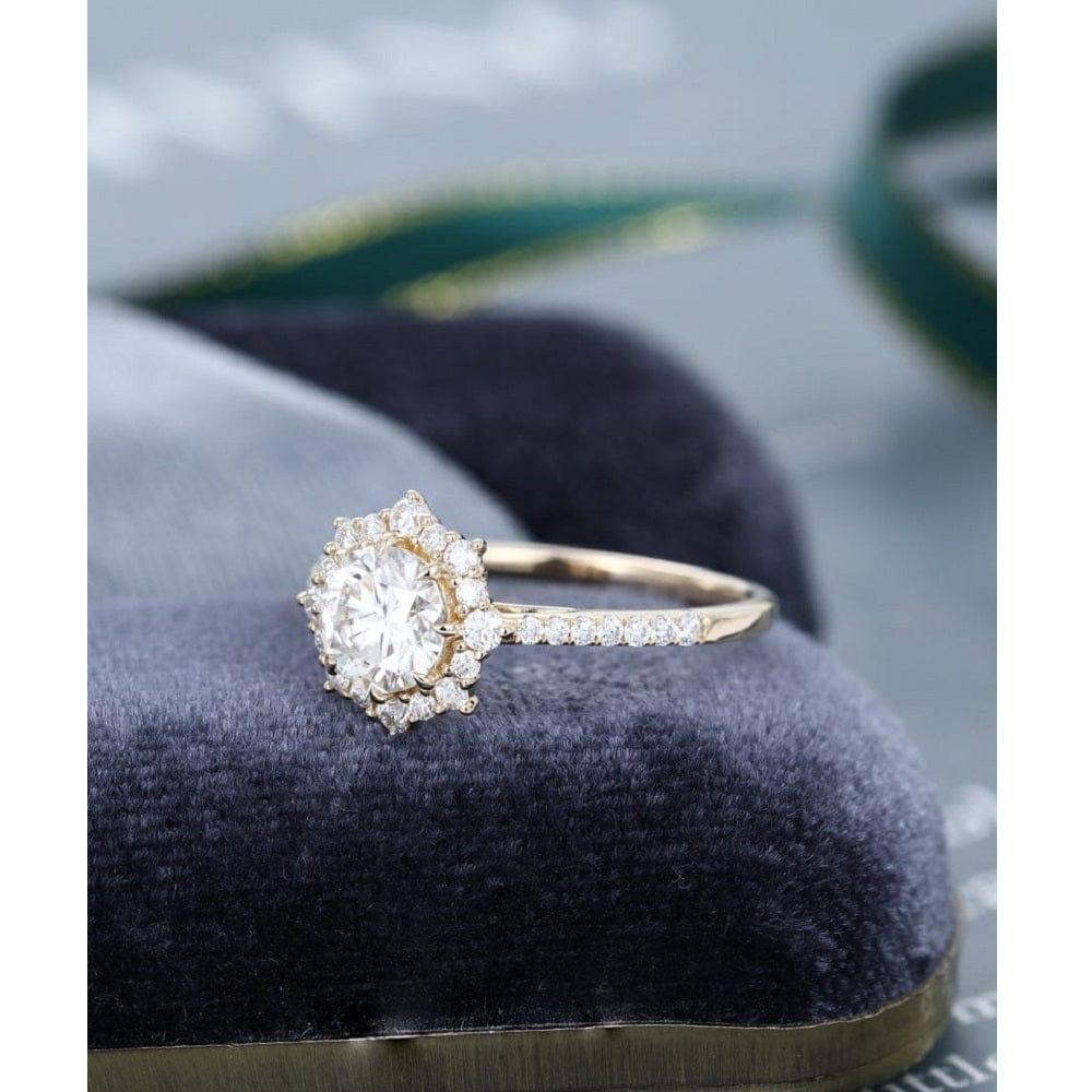 1.00CT Round Cut Yellow Gold Unique Halo Anniversary Moissanite Engagement Ring - JBR Jeweler