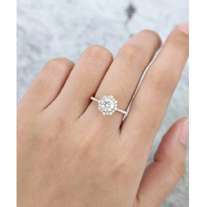 1.00CT Round Cut Yellow Gold Unique Halo Anniversary Moissanite Engagement Ring - JBR Jeweler