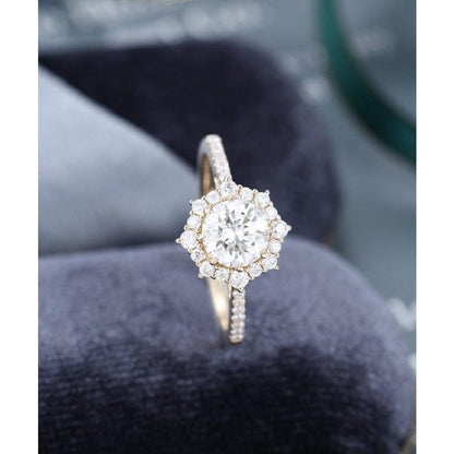 1.00CT Round Cut Yellow Gold Unique Halo Anniversary Moissanite Engagement Ring - JBR Jeweler