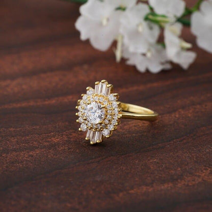 1.00CT Round Shaped Floral Baguette Halo Moissanite Engagement Ring - JBR Jeweler