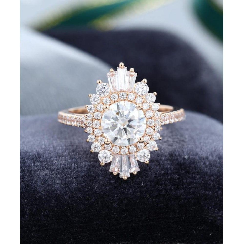 1.00CT Unique Halo Gold Baguette Round Cut Diamond Moissanite Engagement Ring - JBR Jeweler