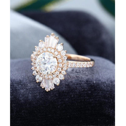 1.00CT Unique Halo Gold Baguette Round Cut Diamond Moissanite Engagement Ring - JBR Jeweler