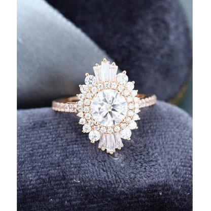 1.00CT Unique Halo Gold Baguette Round Cut Diamond Moissanite Engagement Ring - JBR Jeweler