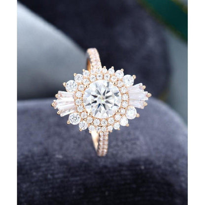 1.00CT Unique Halo Gold Baguette Round Cut Diamond Moissanite Engagement Ring - JBR Jeweler