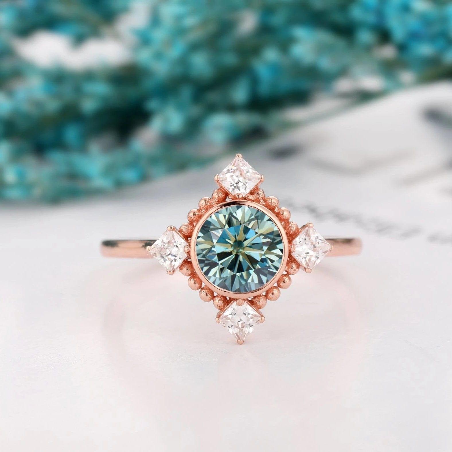 1.0CT Brilliant Round Cut Blue Green Moissanite Engagement Ring - JBR Jeweler