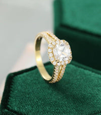 1.10CT Cushion Cut Yellow Gold Halo Half Eternity Split Shank Wedding Moissanite Engagement Ring - JBR Jeweler