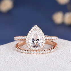 1.10CT Pear Cut Rose Gold Halo Bridal Unique Moissanite Engagement Ring Set - JBR Jeweler