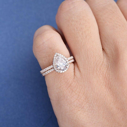 1.10CT Pear Cut Rose Gold Halo Bridal Unique Moissanite Engagement Ring Set - JBR Jeweler