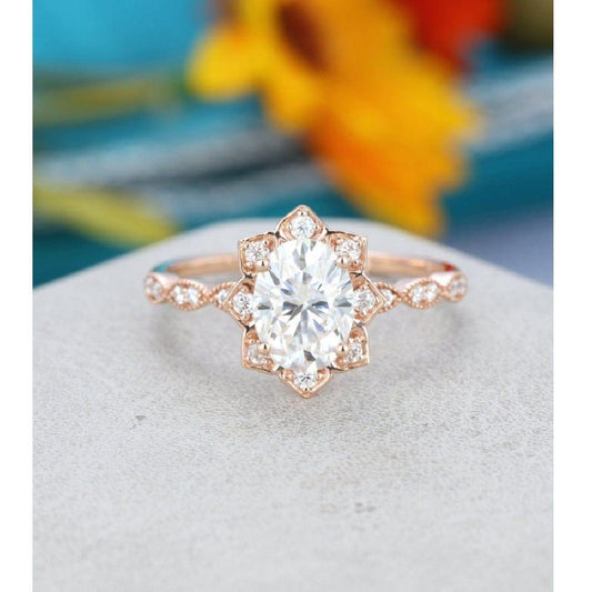 1.20CT Oval Cut Rose Gold Unique Flower Halo Moissanite Engagement Ring - JBR Jeweler