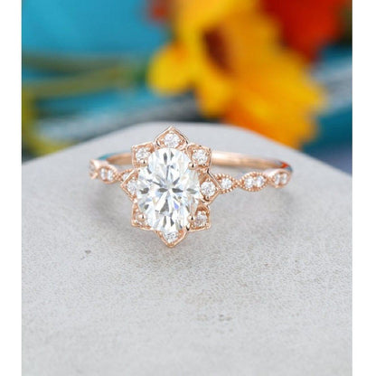 Oval Cut Rose Gold Unique Flower Halo Moissanite Engagement