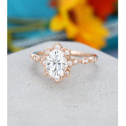 1.20CT Oval Cut Rose Gold Unique Flower Halo Moissanite Engagement Ring - JBR Jeweler