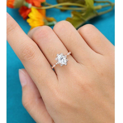 1.20CT Oval Cut Rose Gold Unique Flower Halo Moissanite Engagement Ring - JBR Jeweler