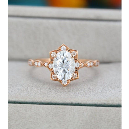 1.20CT Oval Cut Rose Gold Unique Flower Halo Moissanite Engagement Ring - JBR Jeweler