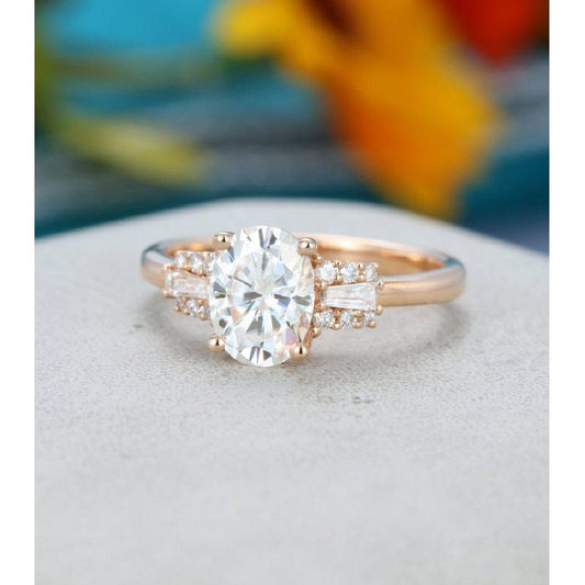 1.20CT Oval Cut Unique Rose Gold Cluster Baguette Wedding Moissanite Engagement Ring - JBR Jeweler