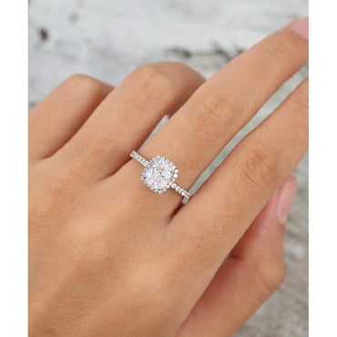 1.25CT Cushion Cut White Gold Halo Moissanite Engagement Promise Ring - JBR Jeweler