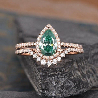 1.25CT Pear Cut Green Halo Diamond Moissanite Engagement Ring Bridal Set - JBR Jeweler