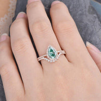 1.25CT Pear Cut Green Halo Diamond Moissanite Engagement Ring Bridal Set - JBR Jeweler