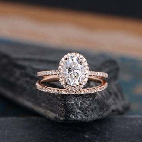 1.30CT Oval Cut Diamond Halo Bridal Moissanite Ring With Matching Band - JBR Jeweler