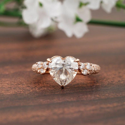 1.40TCW Heart Cut Three Stone Cluster Moissanite Engagement Ring - JBR Jeweler