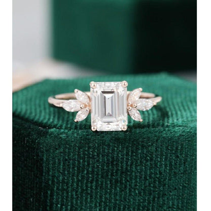 1.5 CT Emerald Cut Unique Rose Gold Marquise Accent Moissanite Engagement Ring - JBR Jeweler