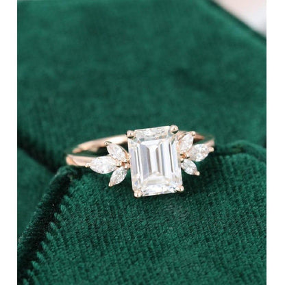 1.5 CT Emerald Cut Unique Rose Gold Marquise Accent Moissanite Engagement Ring - JBR Jeweler