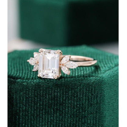 1.5 CT Emerald Cut Unique Rose Gold Marquise Accent Moissanite Engagement Ring - JBR Jeweler