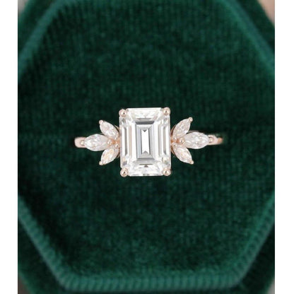 1.5 CT Emerald Cut Unique Rose Gold Marquise Accent Moissanite Engagement Ring - JBR Jeweler