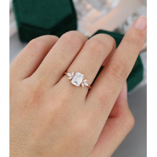 1.5 CT Emerald Cut Unique Rose Gold Marquise Accent Moissanite Engagement Ring - JBR Jeweler