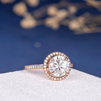 1.5 CT Rose Gold Round Colorless Moissanite Halo Engagement Ring - JBR Jeweler