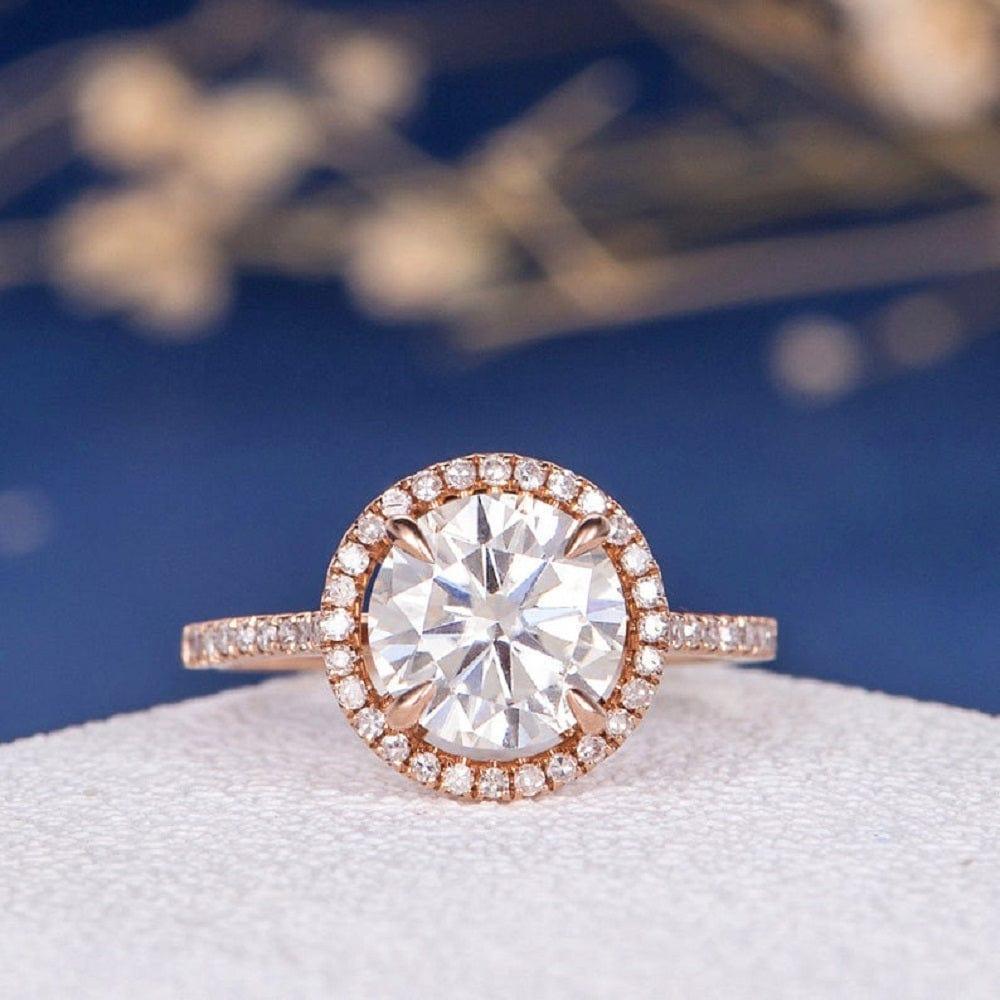 Engagement Rings Colorless 1.5 CT Rose Gold Round Colorless Moissanite Halo Engagement Ring ā JBR ...