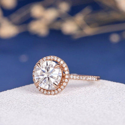 1.5 CT Rose Gold Round Colorless Moissanite Halo Engagement Ring - JBR Jeweler