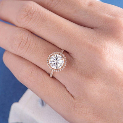 1.5 CT Rose Gold Round Colorless Moissanite Halo Engagement Ring - JBR Jeweler