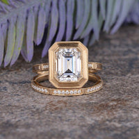 1.50Ct Emerald Cut Yellow Gold Bridal Set Half Eternity Bezel Moissanite Engagement Ring - JBR Jeweler