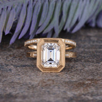 1.50Ct Emerald Cut Yellow Gold Bridal Set Half Eternity Bezel Moissanite Engagement Ring - JBR Jeweler