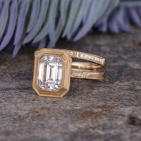 1.50Ct Emerald Cut Yellow Gold Bridal Set Half Eternity Bezel Moissanite Engagement Ring - JBR Jeweler