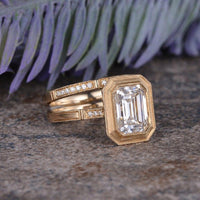 1.50Ct Emerald Cut Yellow Gold Bridal Set Half Eternity Bezel Moissanite Engagement Ring - JBR Jeweler