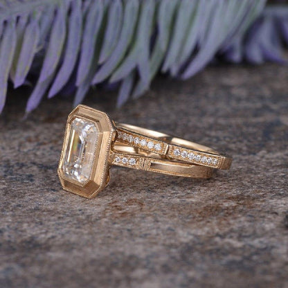 1.50Ct Emerald Cut Yellow Gold Bridal Set Half Eternity Bezel Moissanite Engagement Ring - JBR Jeweler