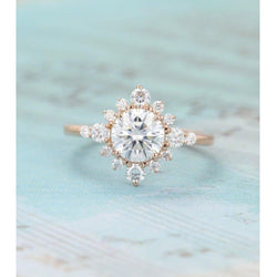 1.50CT Halo Rose Gold flower Unique Cluster wedding Bridal Promise Round Cut Moissanite Engagement ring - JBR Jeweler