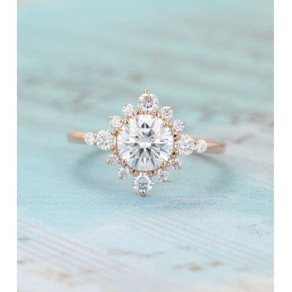 1.50CT Halo Rose Gold flower Unique Cluster wedding Bridal Promise Round Cut Moissanite Engagement ring - JBR Jeweler