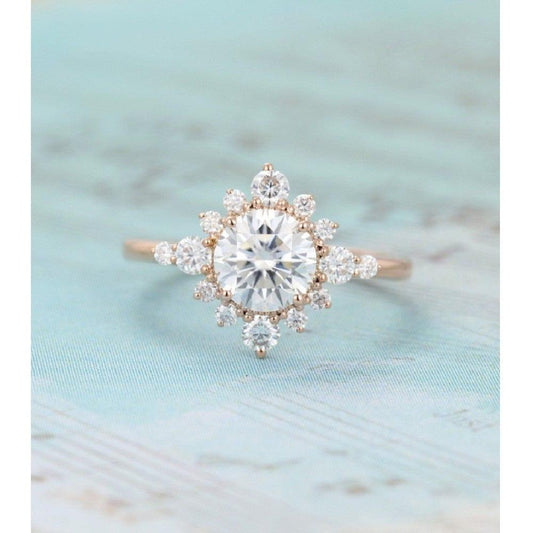 1.50CT Halo Rose Gold flower Unique Cluster wedding Bridal Promise Round Cut Moissanite Engagement ring - JBR Jeweler